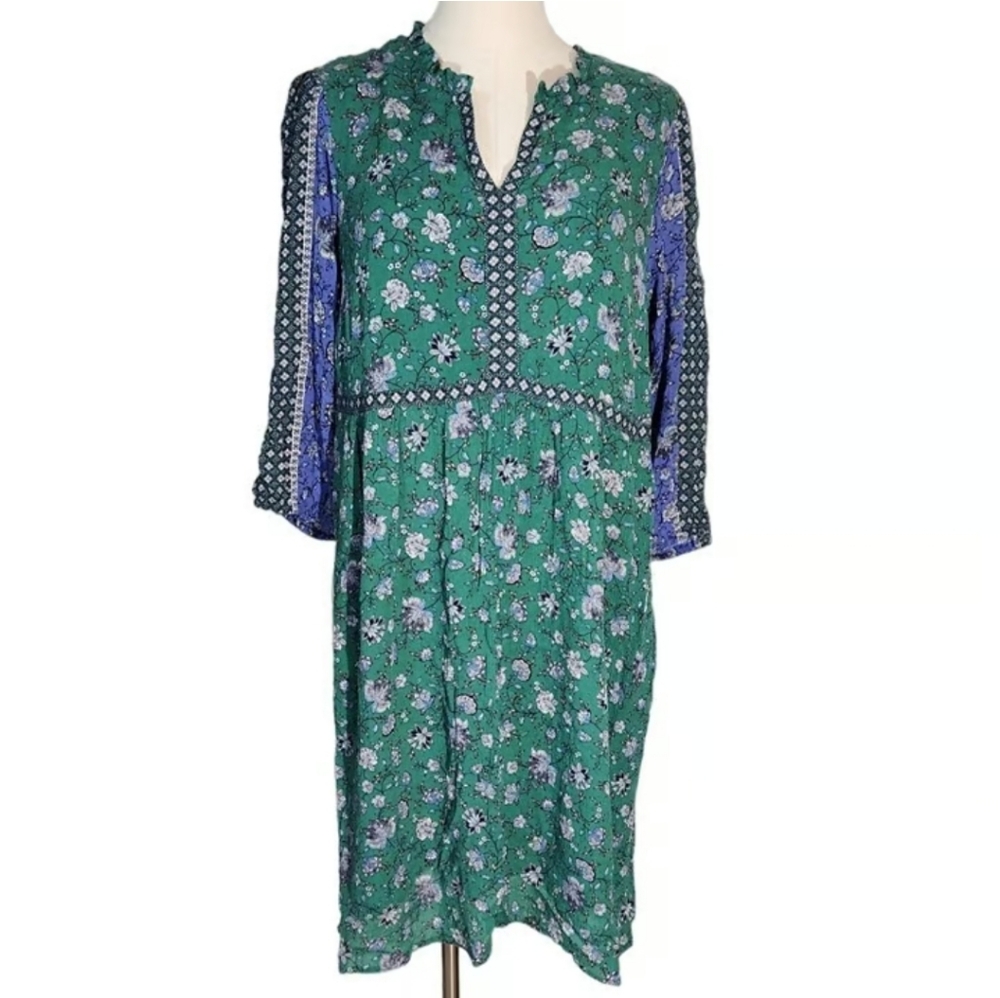 J. Jill women's Sz L  V-neck Midi Dress Green & Blue Floral Boho - Picture 4 of 9